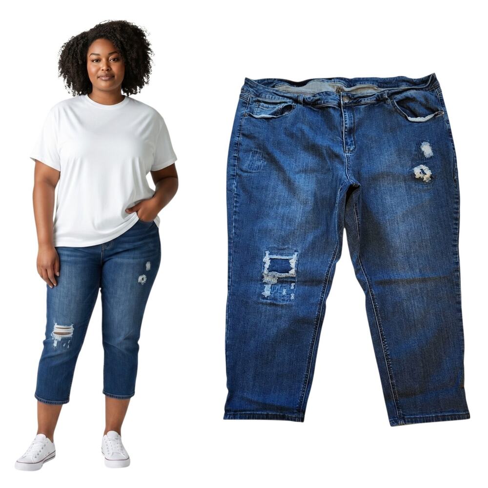 Avenue Denim Womens Girlfriend Jeans Plus Size 28P Blue Distressed Crop Stretch